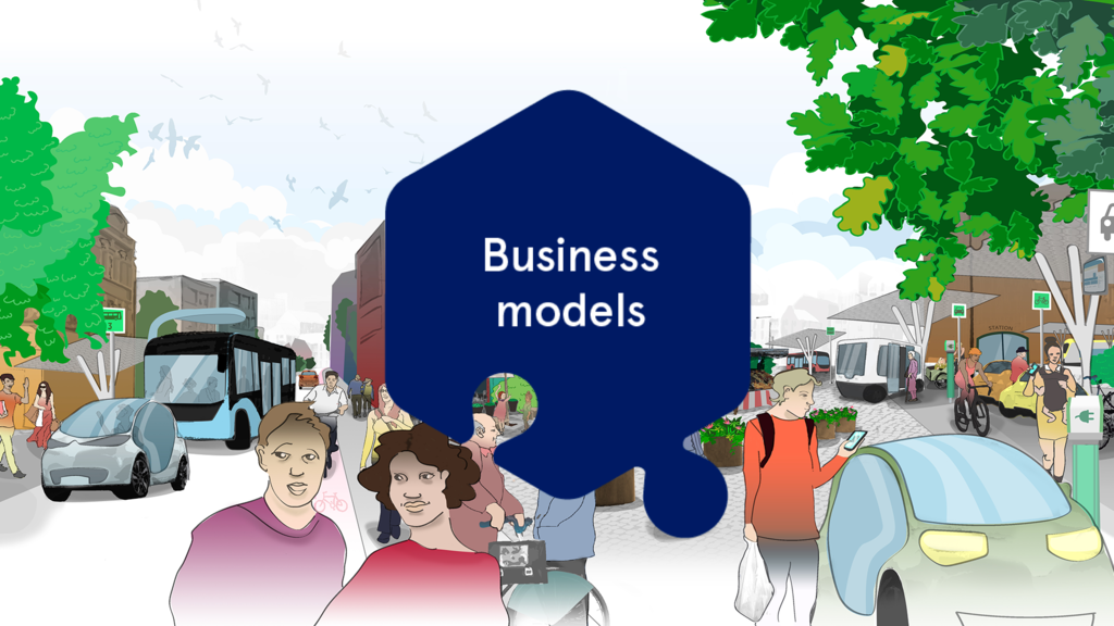 Illustration av stad med texten business models över
