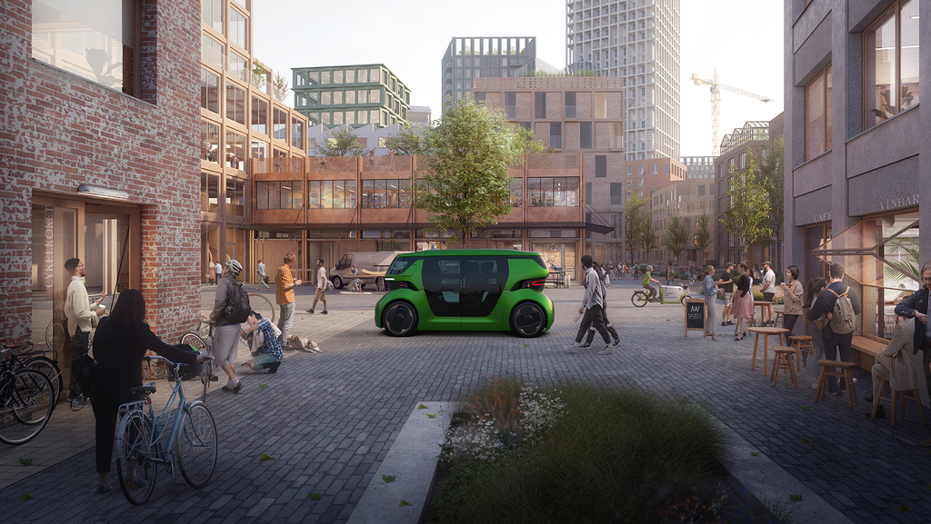 An autonomous vehicle from NEVS in an illustrated city. Photo: NEVS.
