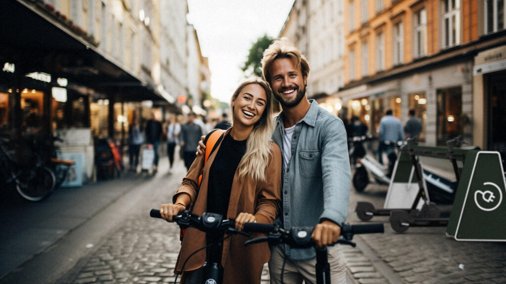 Bild med ett ungt par som håller i varsin elsparkcykel och står på en mindre stadsgata